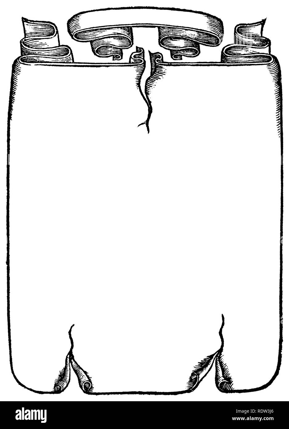 Antiquiertes Pergament oder Papyrus Scroll Bordüre Vorlage aus 1561 Kalligraphie Buch, mit Platz für einen Titel Stockfoto