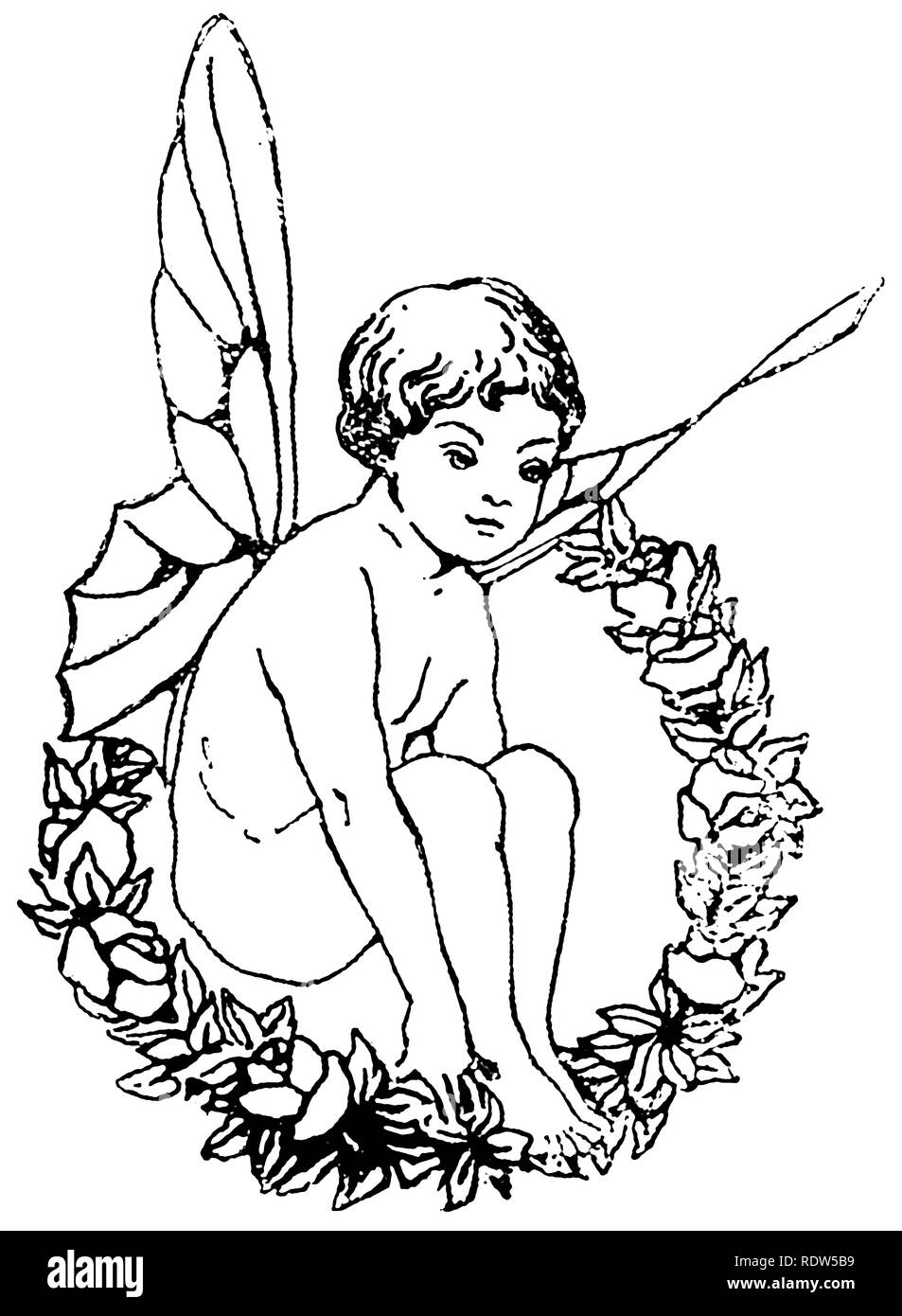 Stich einer Zeichnung eines geflügelten Feenkindes, das im Kranz der Blätter und der Blumen sitzt, vermutlich ein Junge. Stockfoto
