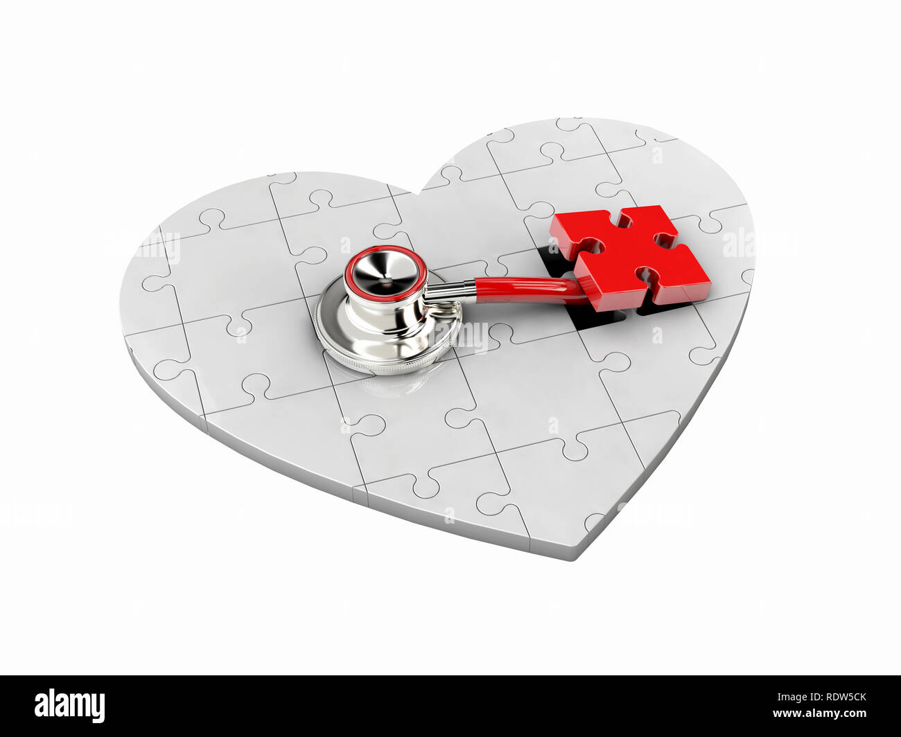 3d-Abbildung: Weiße puzzle Herz mit Stethoskop auf weißem Hintergrund. Stockfoto