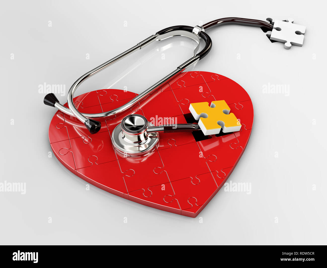 3D-Darstellung der Roten puzzle Herz mit Stethoskop auf weißem Hintergrund. Stockfoto