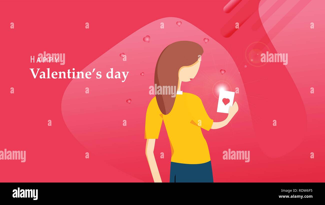 Happy Valentine S Day Flache Bauform Frau Auf Der Suche Nach Herz Postkarte Von Ihrem Freund Grafik Design Konzept Vector Illustration Stock Vektorgrafik Alamy