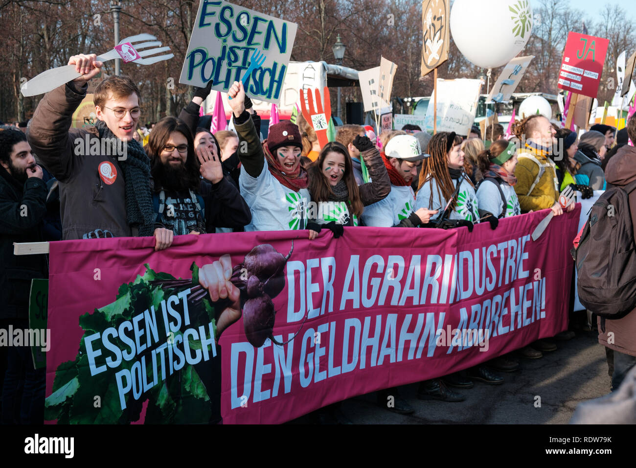 Berlin, Deutschland - Januar 19, 2019: Demonstration "Wir haben es satt", gegen die deutsche und die EU-Agrarpolitik und für nachhaltige Landwirtschaft i Stockfoto