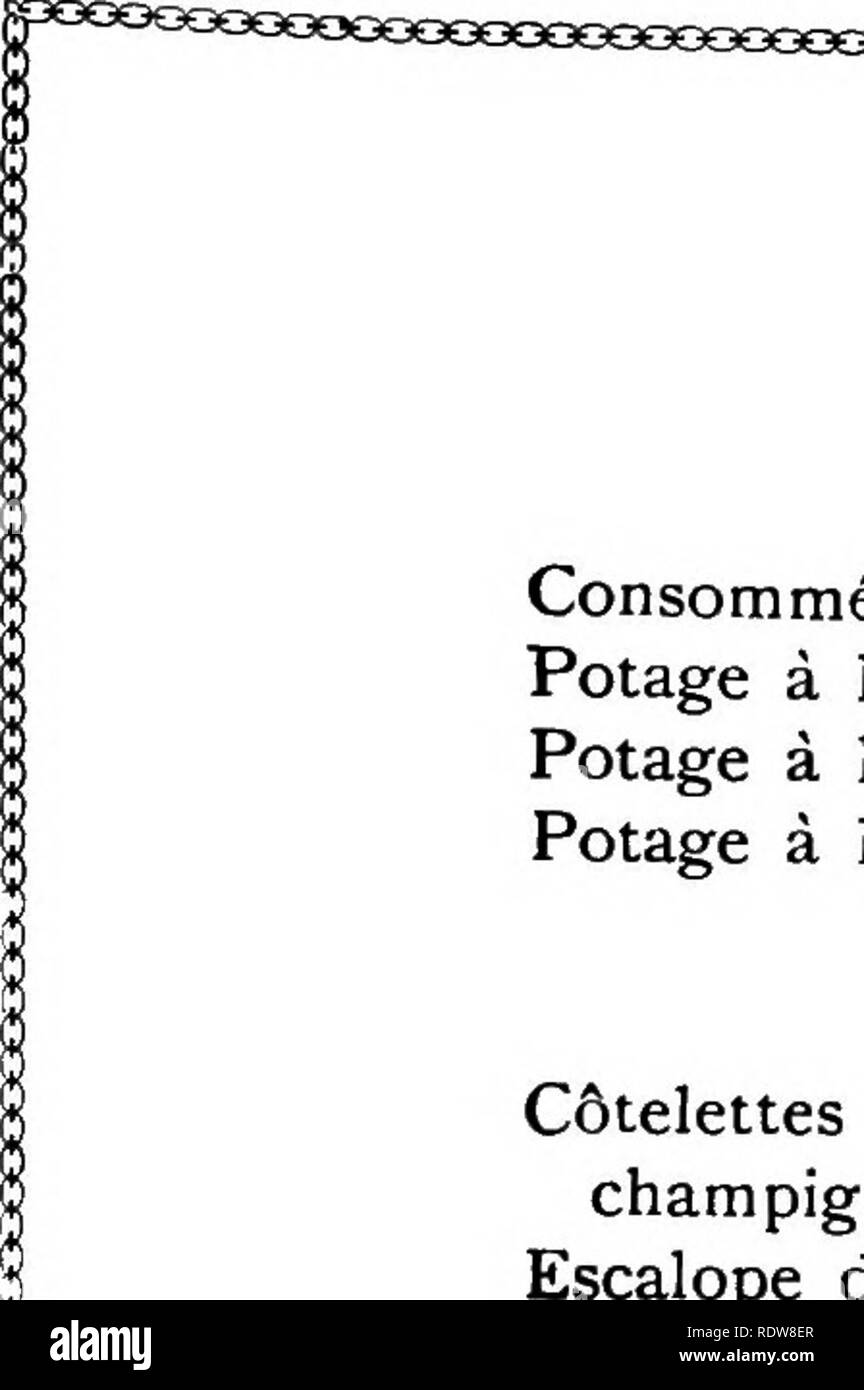 . Unsere essbare Fliegenpilze und Pilze und wie Sie zu unterscheiden; eine Auswahl von 30 Einheimischen essen Sorten, leicht erkennbar durch die gekennzeichneten Individualitäten, die mit einfachen Vorschriften für die Identifizierung von giftigen Arten. Pilze; Kochen (Pilze); cbk. dm lyxxxKxxxx I enu! V Potoges Consomme de boeuf Clair, 22 Potage à la Püree d'huitres, i, n, 13 Potage à la Püree de Boeuf, 22 Potage à la Püree de volaille, 24 |) oissons C6 telettes de poisson-Sauce aux Champignons, 13 Schnitzel de poisson, 13 ich | ors-5' oeut) res Kroketten de ris de veau, 24 Bouchees au Poulet, 24 Filet de Boeuf aux c Stockfoto
