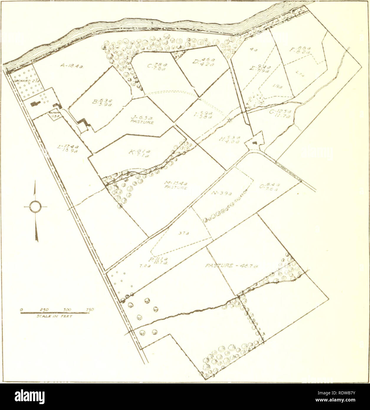 . Eine wirtschaftliche Untersuchung der Farm layout... Landwirtschaftliche Gebäude; Landwirtschaft. 446 W. I. Myers. FiCx. 106. Ein weiteres schlechtes Layout die Felder Dieser faitn sind kleine iiiid iriegular, und der Hof ist so weit von den Feldern wie möglich Viele der Zaun Zeilen sind so voll von Stein, dass er nicht bezahlen würde, um sie zu löschen. Die krummen Felder ar^ nicht aufgrund der Topographie, sondern vor allem die Art und Weise der Clearing Farm Bereich, 211,1 ha Durchschnittliche Größe der bewirtschafteten Felder, 7. N morgen Durchschnittliche Entfernung zu bewirtschafteten Feldern, 113 Stangen. Bitte beachten Sie, dass diese Bilder aus gescannten Seite Bilder, die digital enha wurden extrahiert werden Stockfoto