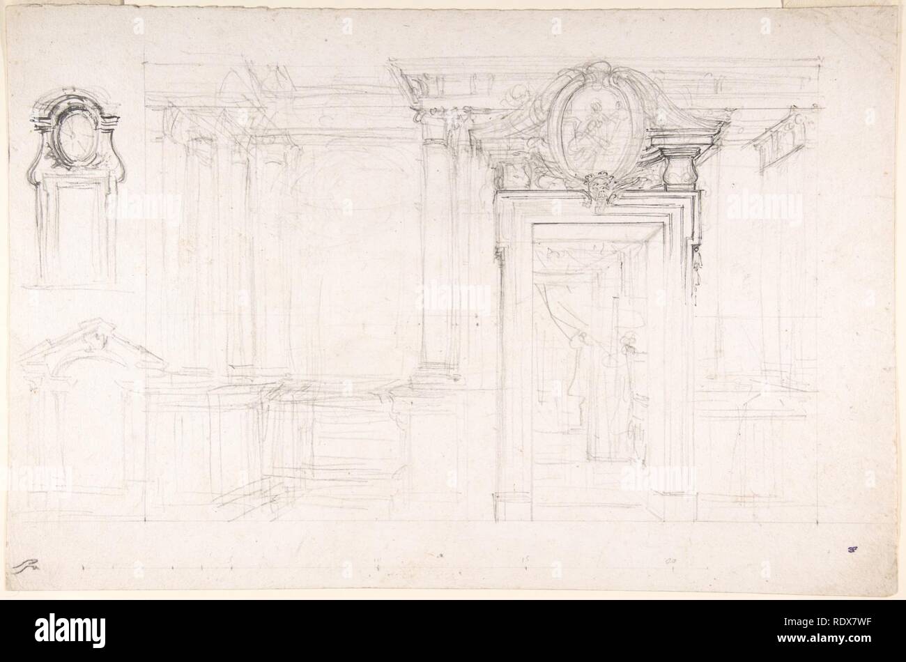 Architektonische Skizze für die Gestaltung einer Wand mit Tür, mit zwei kleineren Skizzen für die Gestaltung von Fenstern oder Türen (recto); Skizzen für einen Plan und seitlichem Blick von der Decke (verso) Stockfoto