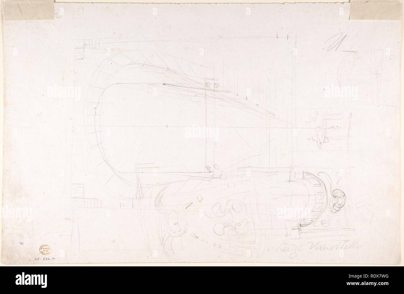 Architektonische Skizze für die Gestaltung einer Wand mit Tür, mit zwei kleineren Skizzen für die Gestaltung von Fenstern oder Türen (recto); Skizzen für einen Plan und seitlichem Blick von der Decke (verso) Stockfoto