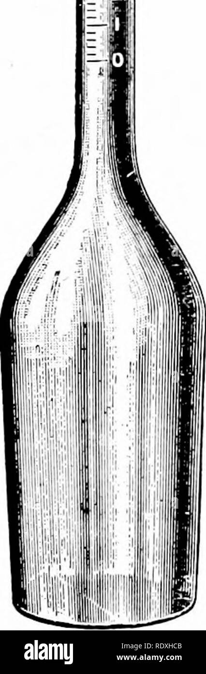 . Die Herstellung von Käse, Cheddar, Schweizer, Ziegel, Limburger, Edamer, Cottage, etc.. Käse. 26 Käse herzustellen. 53 - Der Test Flasche. Die Babcock test Flasche hält ungefähr zwei Unzen und hat einen langen, schmalen Hals, etwa in der Größe eines Bleistift. Der Hals hat Graduierung von 0 auf 8 oder 10; diese letzteren ein Volumen von zwei Kubikzentimeter. Die Skala ist in 50 divi markiert. Milch aus der Flasche.. Bitte beachten Sie, dass diese Bilder aus gescannten Seite Bilder, die digital für die Lesbarkeit verbessert haben mögen - Färbung und Aussehen dieser Abbildungen können nicht genau mit dem Original ähneln extrahiert werden Stockfoto