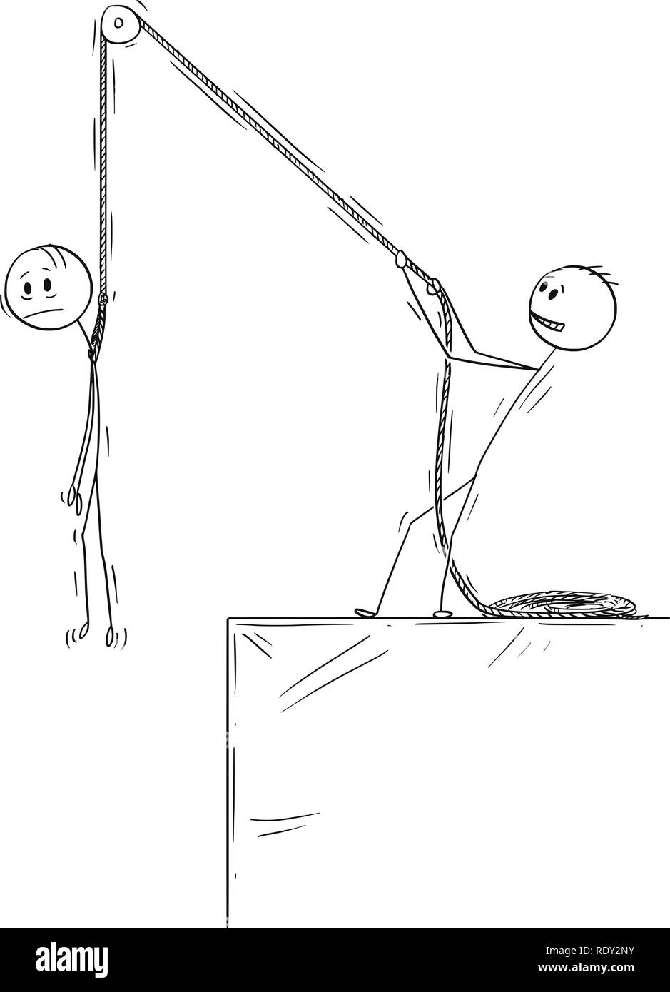 Cartoon von Mann oder Geschäftsmann mit einem anderen Mann am Seil über den Rand des Abgrunds Stock Vektor