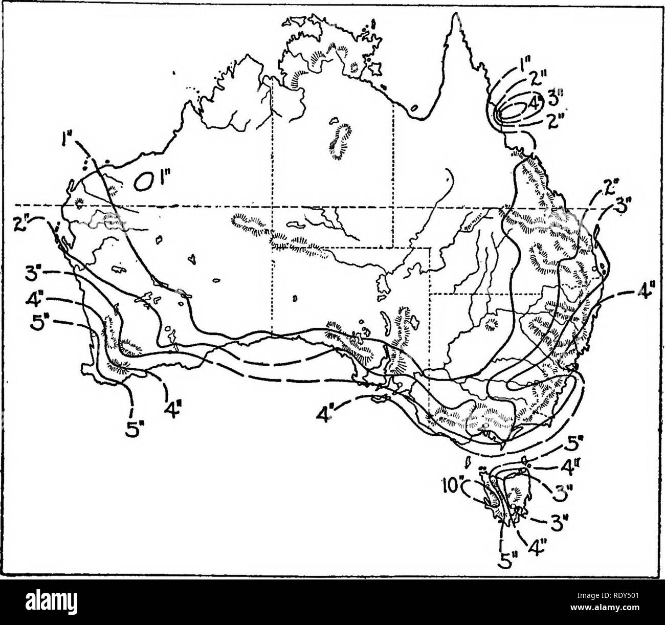 . Anlage Gewohnheiten und Lebensräume in den trockenen Teile von South Australia. Ökologie der Pflanzen; Botanik; Wüste Pflanzen. Trockene Teile von South Australia. 13. Fia. 5a. - mittlere Niederschlagsmenge von Australien für Juli, nach der Jagd. Tabelle 4: Mittlere monatliche und jährliche Verdunstung (in Zoll).* Jän. Feb. März Apr. Mai. Juni. Juli. August Sept. Okt. Nov. Dez. Jahr. Alice Springs: M0 einen 12,2 15,4 8,1 8,9 11,2 7,3 6,8 7,9 5,7 12,4 15,1 8,9 10,5 13,8 6,5 7.3 9.1 4.9 6.0 7.1 5.3 10.2 14.3 6.4 9.5 12.6 6.9 5.7 7.2 4.2 5.4 6.6 4.1 9.0 11.3 6.2 6.8 8.4 5.0 3.3 4.9 2.1 4.0 4.6 3.2 5.8 9.0 3.5 4.8 5.5 3.7 1.9 2.8 1.2 3.1 3.6 2.6 3.7 4.8 1. Stockfoto