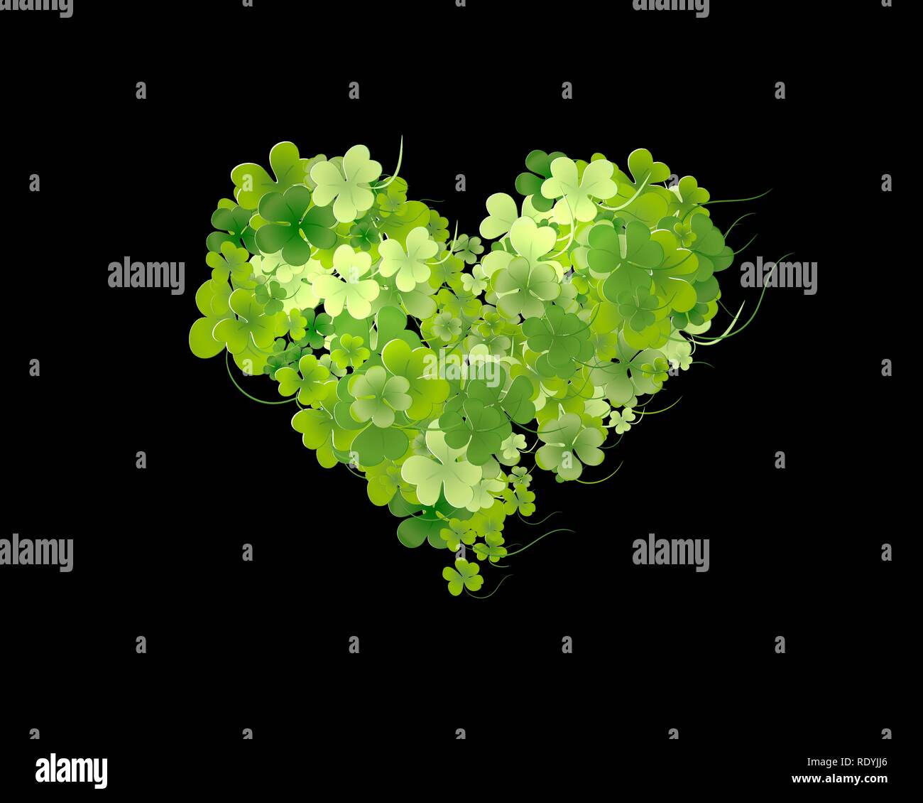 In Herzform der hellen Grün kleine shamrock Blätter auf schwarzen Hintergrund. Happy St. Patricks Tag kreative Karte. Vector Illustration für Hochzeit und Grußkarten, für Werbung. Stock Vektor