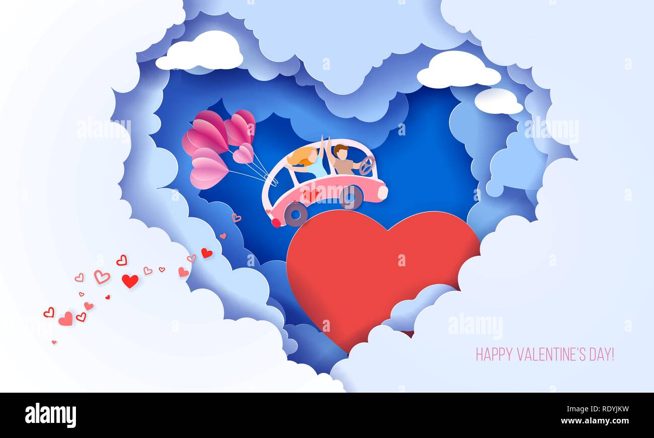 Valentines Tag Karte mit ein paar rosa Bus fahren mit Ballons über grosse rote Herz auf blauer Himmel mit Wolken in Herzform. Vektor Papier art Illustration. Papier geschnitten und Handwerk Stil. Stock Vektor