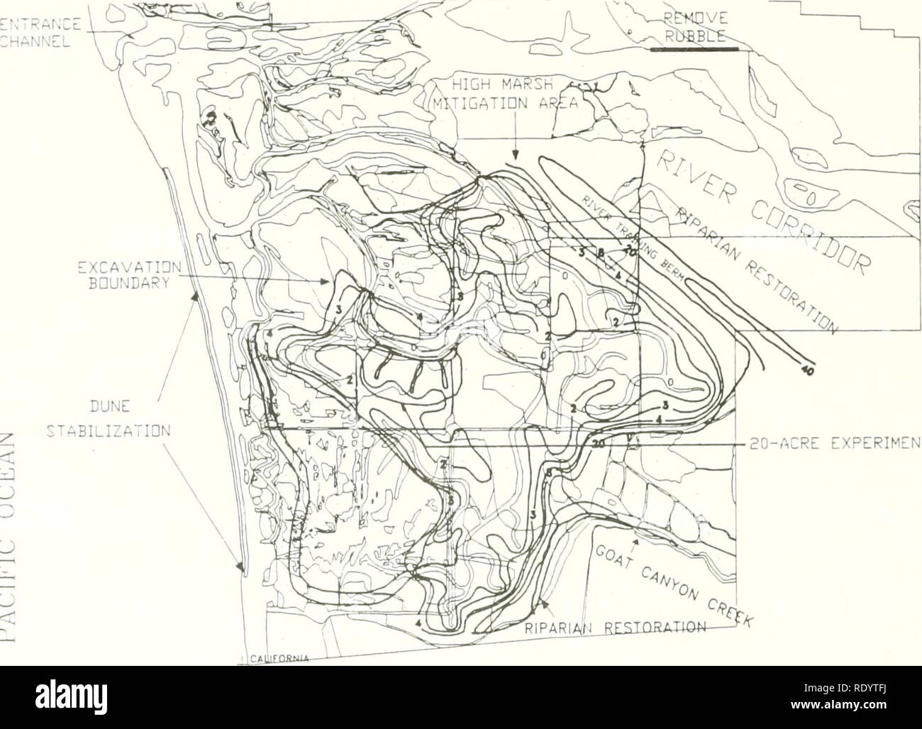 . Die Ökologie von Tijuana Estuary, Kalifornien: Eine nationale Mündungs- Forschung finden. Mündungs- Ökologie - Kalifornien Tijuana Flussmündung. DUNE STABILISIERUNG&lt;-U3&lt; experimentelle Marsh Abbildung 6.6. Die 495-Morgen-Plan zur Wiederherstellung des Gezeiten fließt zu den südlichen Arm des Tijuana Mündung zurückzukehren. Ausgrabung von Kanälen und Sumpf schaffen würde vermeiden ökologisch sensiblen Gebieten (Abbildung 6.4). Ein einziger Strom - Ausbildung Deich (oder Berm) Sedimente aus dem künftigen Hochwassern umleiten. River training Deich oder berm. Der ursprüngliche Plan (Abbildung 6.3, Williams und Swanson 1987) für zwei große Fluss Ausbildung genannt Stockfoto