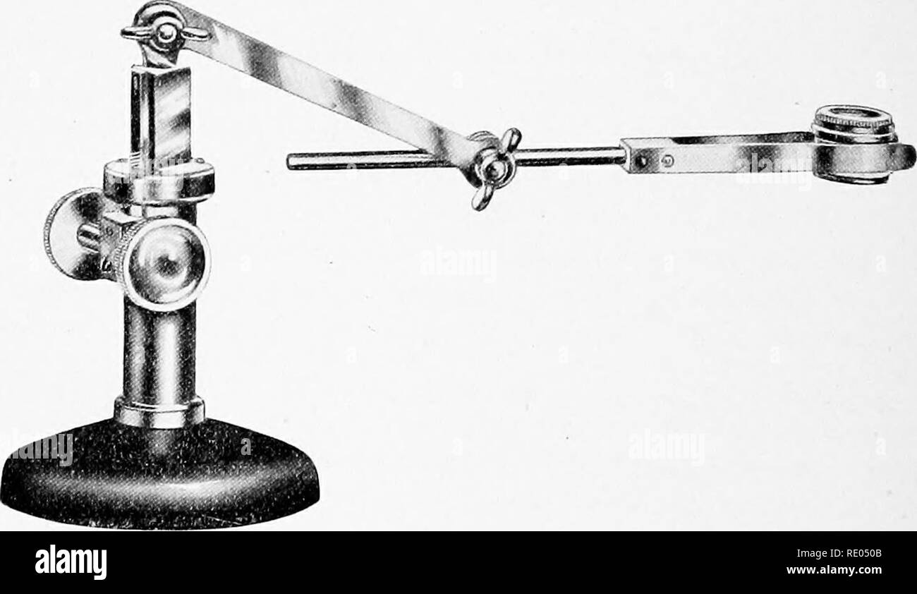 . Das Mikroskop: eine Einführung in die mikroskopische Methoden und Histologie. Mikroskope. Abb. hi. Abbildung Schock-ing die Position der mi-croscope, die Camera lucida, das Auge, und der Unterschied in der Größe des Bildes je nach Abstand, bei dem es vom Auge projiziert wird. (A) Die Größe von 25 cm.; (6) 35 cm, (I 17 S). Abb. 112. Wollaston Kamera lu-cida in Position auf dem Kipper Ende der Leitung des Mikroskops. (Schnitt durch die Spencer Objektiv Co ausgeliehen). Abb. 113. Einfache Mikroskop mechanisch durch eine Linse Inhaber unterstützt. Man kann die Vergrößerung eines einfachen microscop erhalten Stockfoto