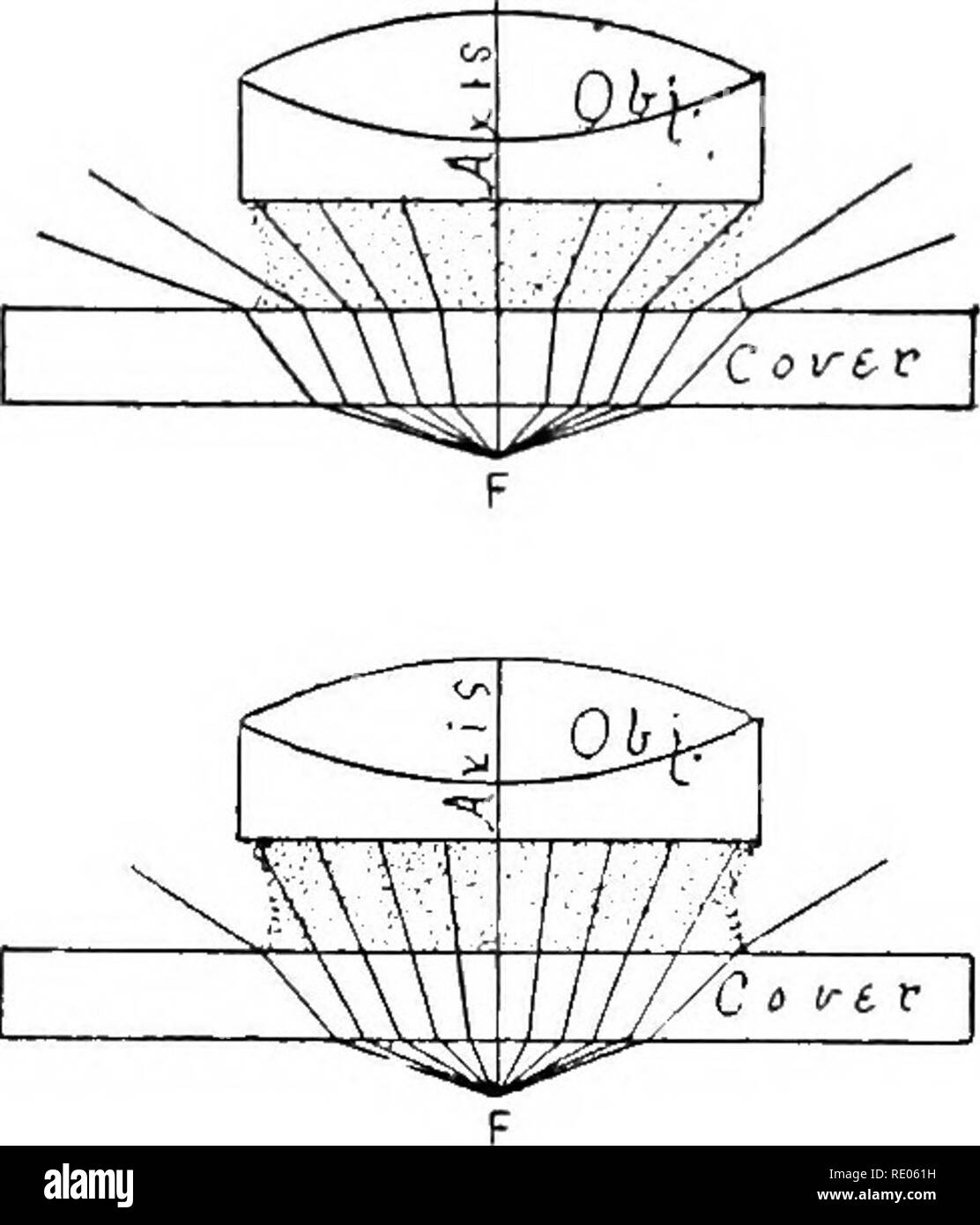 . Das Mikroskop und mikroskopischer Methoden. Mikroskope; 1896. ist N. A. = n sin u; N. EIN: Die numerische Apertur, n-dex der Brechung des Stoffes vor dem Ziel, und u Die semi-Winkel von Aperture. Zum Beispiel, drei Ziele jede von 3 mm nehmen. Gleichwertige konzentrieren, nämlich ein trocken, ein Eintauchen in Wasser, und man eine homogene im-mersion. Nehmen wir an, dass das chemische Ziel hat einen Öffnungswinkel von 1060, das Wasser eintauchen von 940 und die homogene Eintauchen von 90°. Einfach im Vergleich zu deren Öffnungswinkel, ohne Rücksicht auf das Medium vor dem Ziel Stockfoto