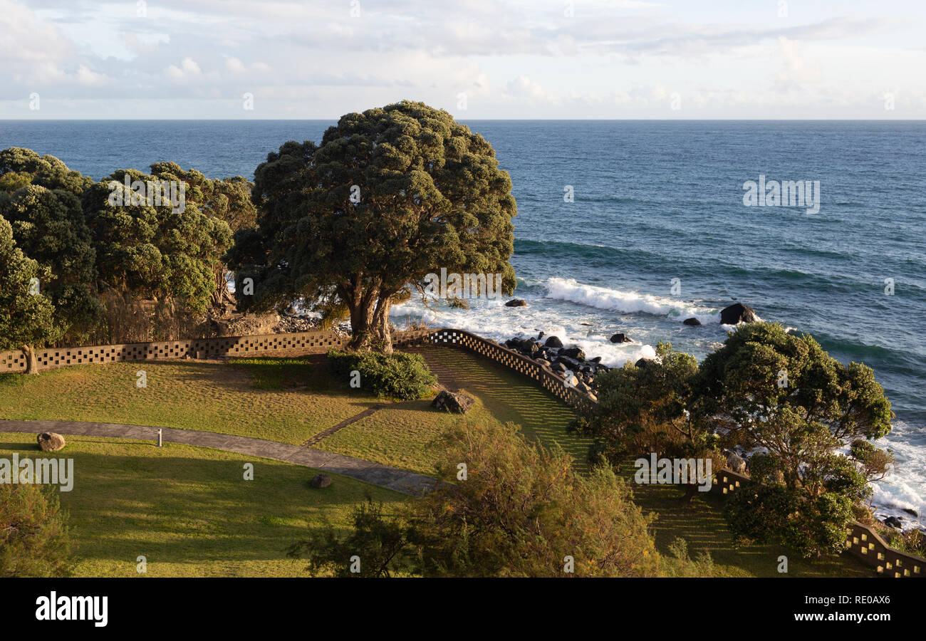 Ocean Surf und Bäume in der untergehenden Sonne am Abend auf der Insel Sao Miguel Stockfoto