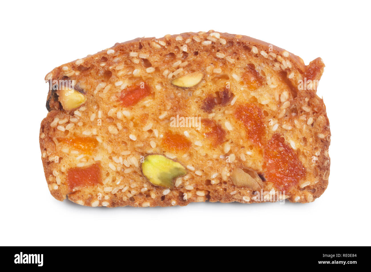 Studio shot ein gourmet Käse Wafer, mit Pistazien, Aprikose, und Sonnenblumenkerne, schneiden Sie vor einem weißen Hintergrund - Johannes Gollopbread Stockfoto