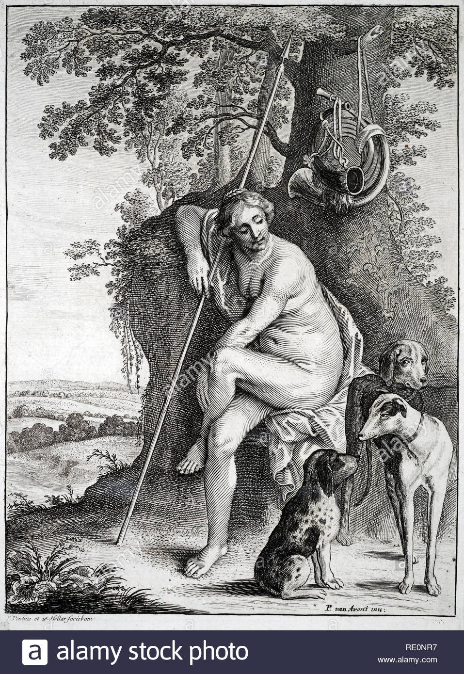 Sitzende Figur von Diana die Jägerin, Radierung von Böhmische Kupferstecher Wenzel Hollar aus 1600. Nach Pieter van Avont. Stockfoto