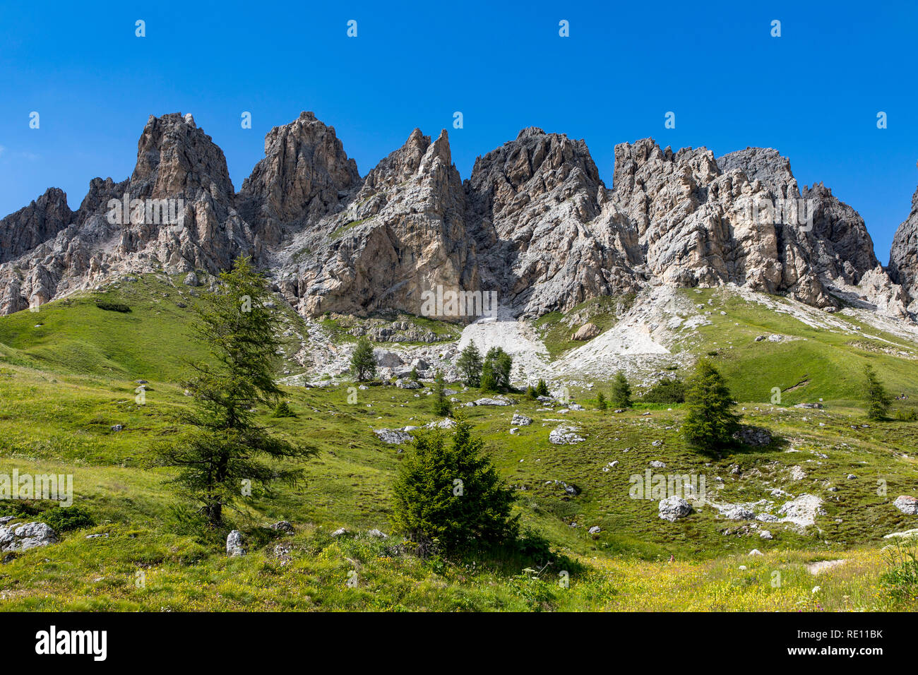 Südtirol, Trentino, Italien, Bergpanorama am Grödner Joch, Mountain Pass in den Südtiroler Dolomiten, Stockfoto