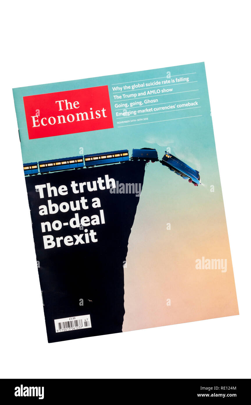 Eine Ausgabe von The Economist schildert eine no-deal Brexit als ein Zug über eine Klippe fahren. Stockfoto