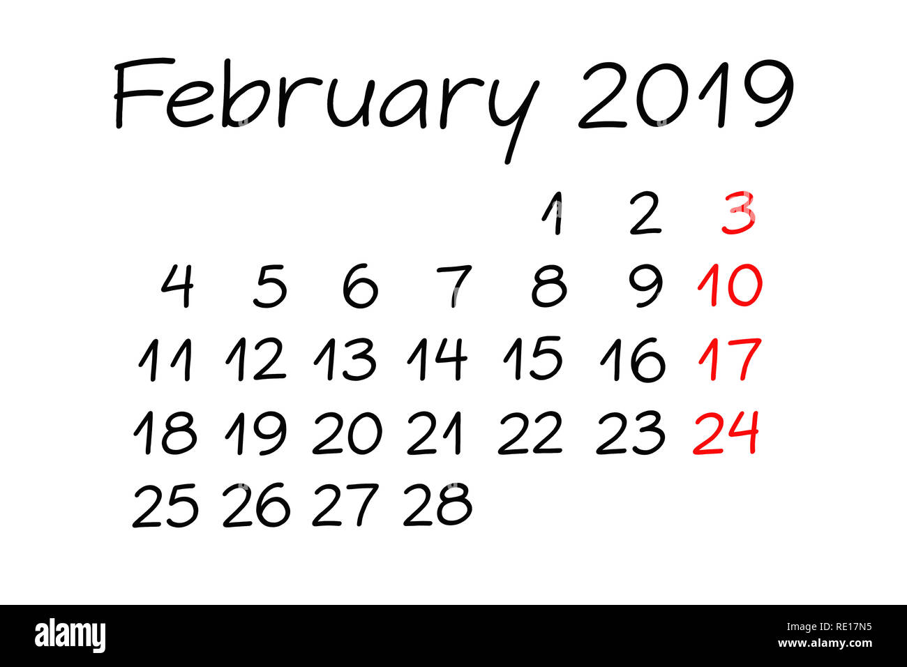 Handschriftliche monatlichen Kalender Februar 2019 mit Marker auf weißem Hintergrund. Stockfoto