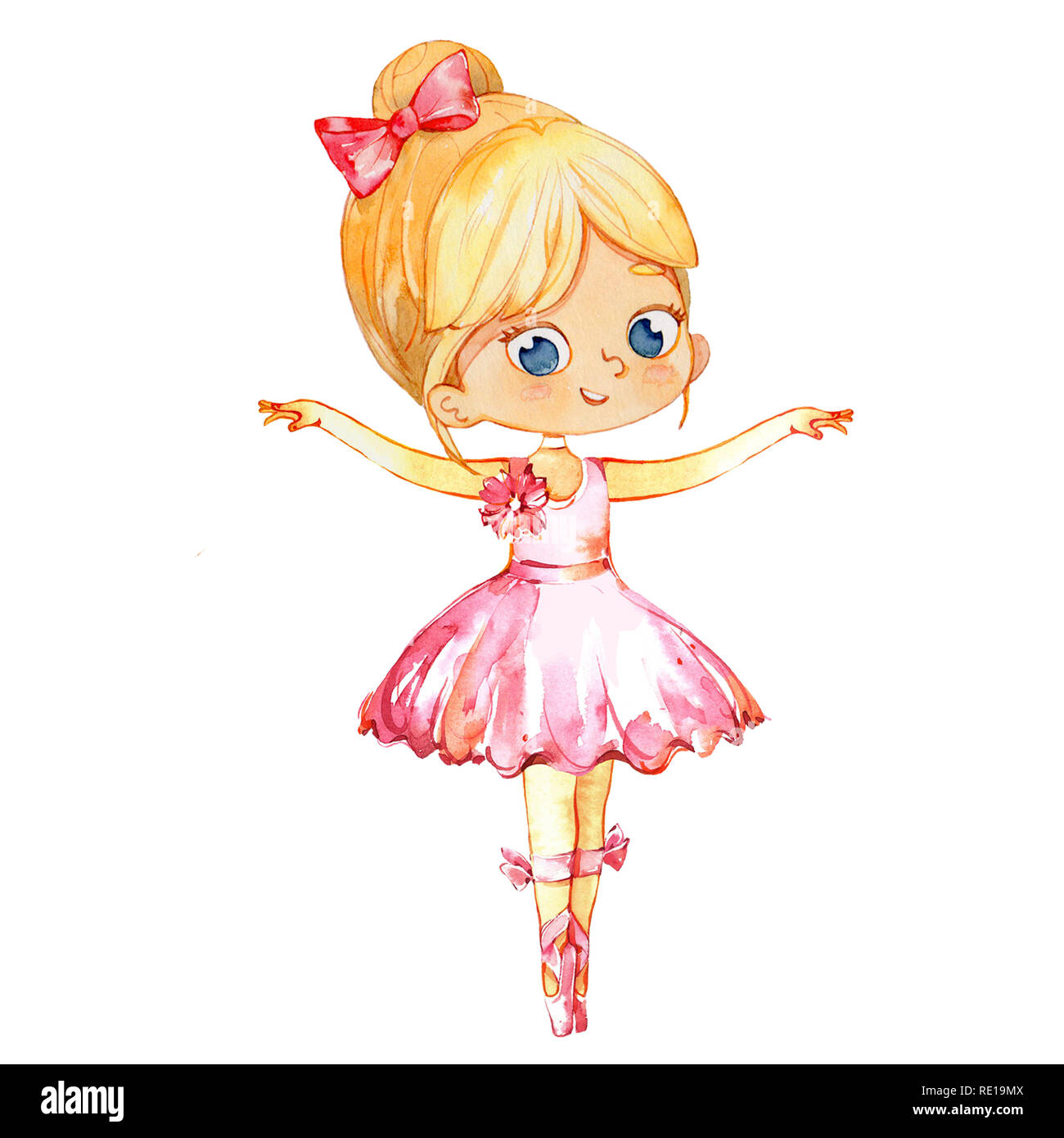 Blond Ballerina Prinzessin Charakter Tänzerin Mädchen. Niedliche Kind Mädchen tragen rosa Tutu Kostüm Ausbildung in der Schulklasse. Baby Ballett Poster Design Konzept Aquarell Abbildung. Isoliert. Stockfoto