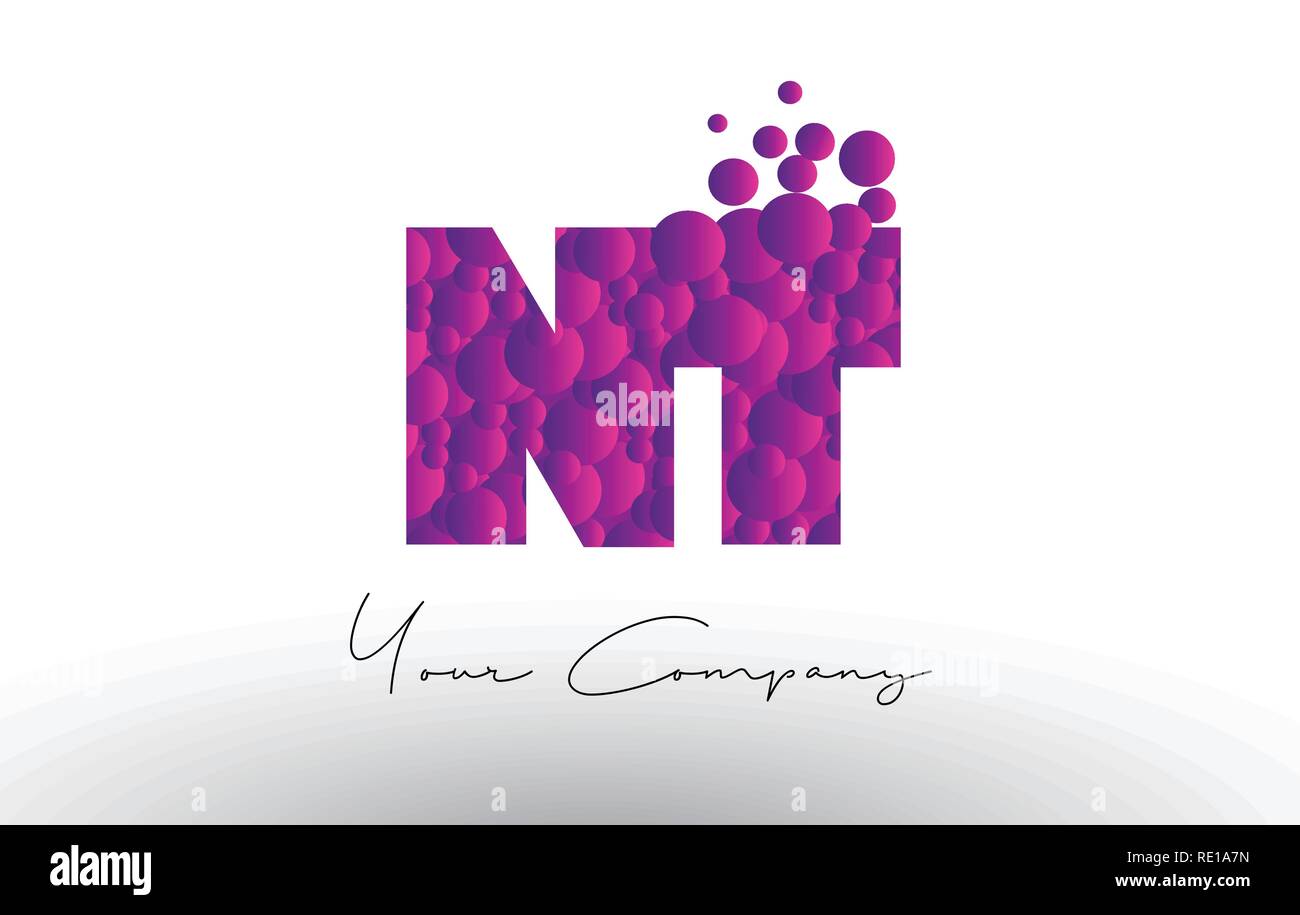 NT N T Punkte Schreiben Logo mit Lila Rosa Magenta Blasen Textur Vektor. Stock Vektor