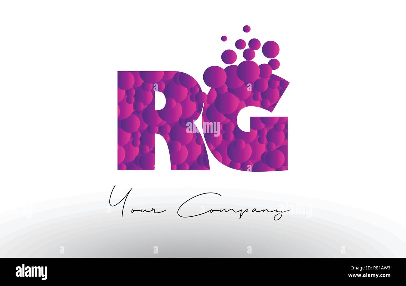 RG R G Punkte Schreiben Logo mit Lila Rosa Magenta Blasen Textur Vektor. Stock Vektor