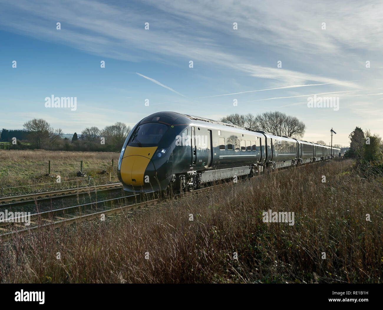 Klasse 803 309 Ansätze Moreton in Marsh mit einem Gwr Service von London Paddington Hereford am 9. Januar 2019 Stockfoto