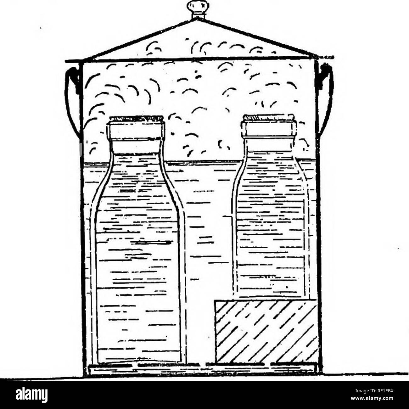 . Ein Labor-Führer in der Grundschule Bakteriologie. Die Bakteriologie. 84 Allgemeine Bakteriologie. Übung LXX. QUANTITATIVE ANALYSE VON HILK. a. Eine Probe der Milch, die in einem sterilen Behälter bekommen. 6. Verdünnte Milch 1000 Mal mit sterilem Wasser. c. Platten wie unter Boden (Lxviii). d. Anzahl Kolonien und eine Schätzung der Anzahl der Bakterien pro cc. Übung LXXI. Effizienz der Pasteurisierung. a. Gleiche Milch, wie in vorangegangenen Experiment im eingesetzt, Flaschen eines Pasteurisieren Apparate, wie Freeman's und pasteurisiert wie pro gedruckter Wegbeschreibungen oder die Milch in Flaschen oder normale Milch Obst Gläser platzieren, um die Befüllung zu einem unifo Stockfoto