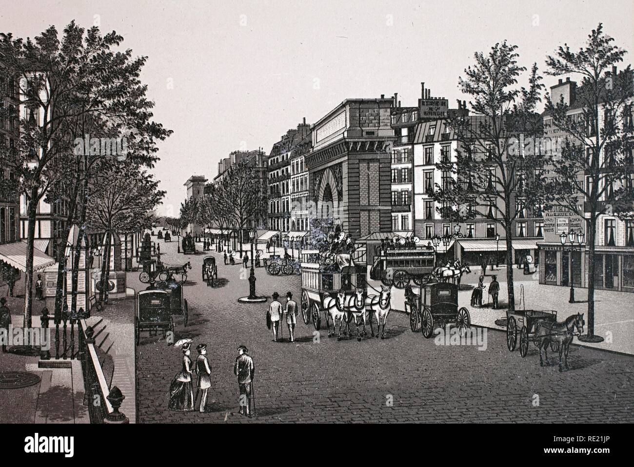 La Porte Saint Martin, Le Boulevard et La Porte St. Denis, historischen Kupfer-platte Ätzen, um von 1890, Neal's, Paris Stockfoto