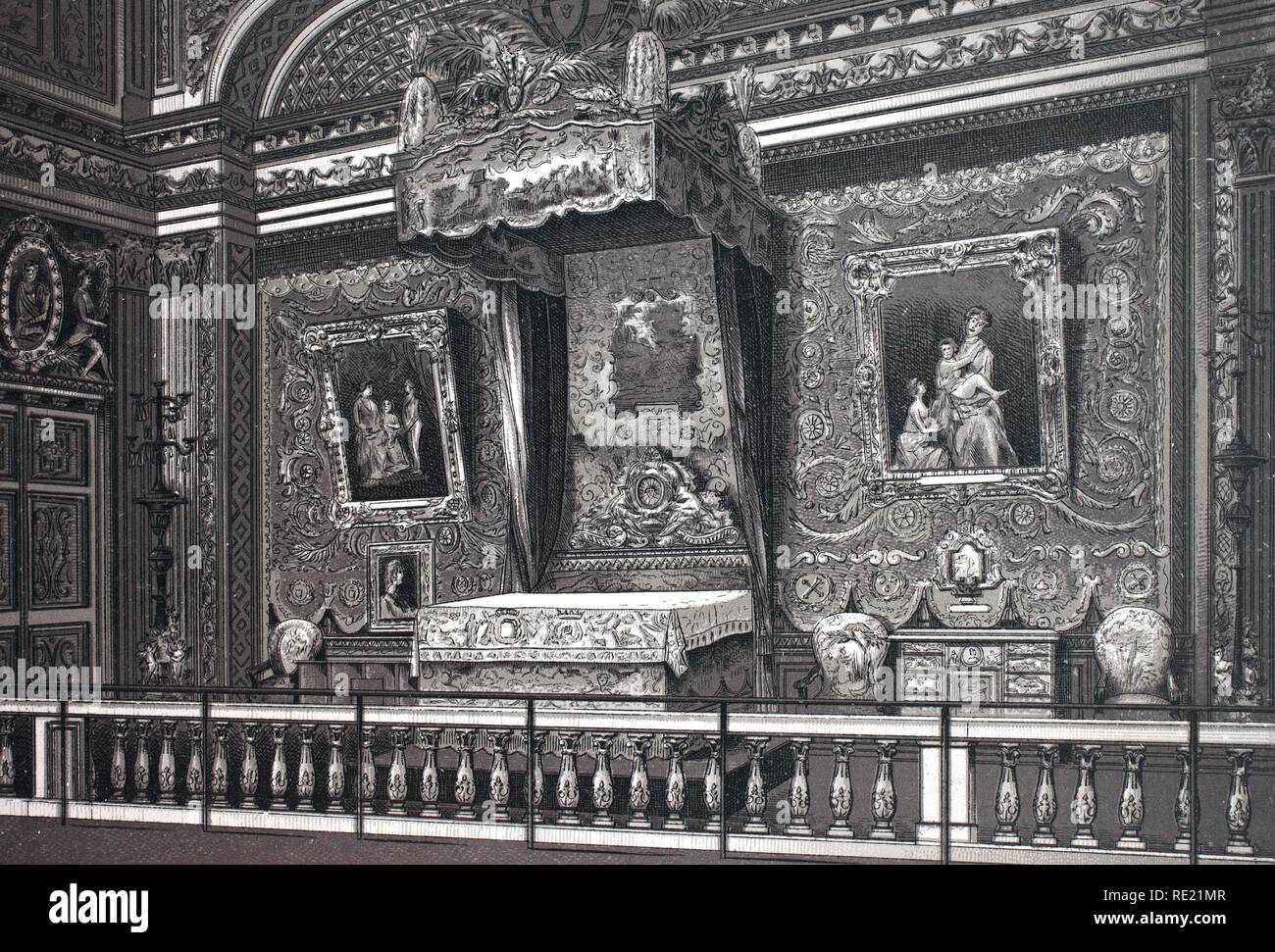 Er beleuchtete Chambre de Louis 14, königlichen Schlafzimmer von Louis dem 14., historischen Kupfer-platte Ätzen, um von 1890, Neal's, Paris Stockfoto