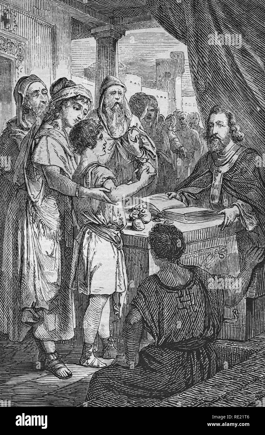 Die Gläubigen legen ihr Geld zu den Füßen der Apostel, historischer Stahlstich von 1860 Stockfoto