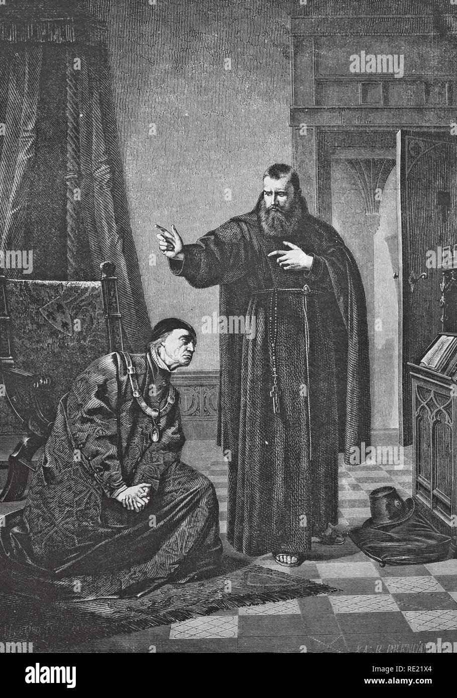 König Ludwig XI., St. Franziskus von Pauly, dass er zu Gott beten, sein Leben zu verlängern, historischer Stahlstich von 1860 Stockfoto