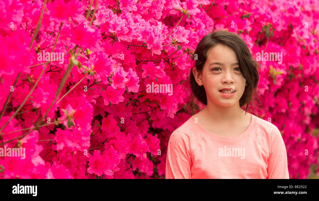 Junge Mädchen stand vor der rosa Azaleen Stockfoto