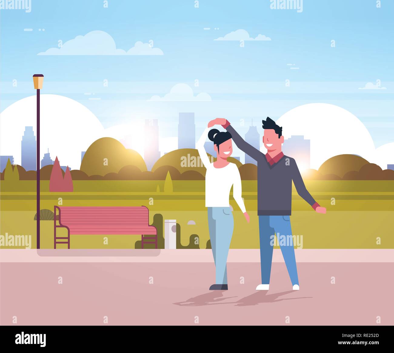 Paar tanzen zusammen fröhliche Mann Frau Spaß Stadt städtischen Park Stadtbild Hintergrund glücklich Liebhaber weiblichen Zeichentrickfiguren männlichen voller Länge flach Stock Vektor