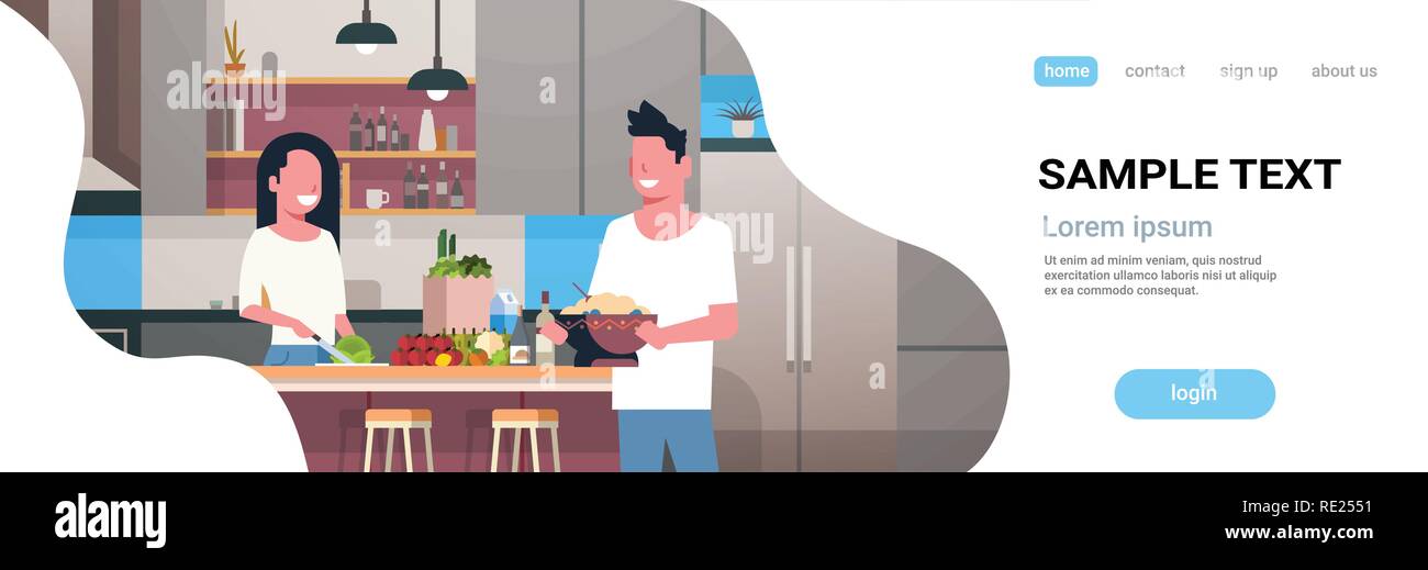 Junges Paar Abendessen glücklich Mann Frau zusammen kochen zu Hause moderne Küche Innenraum männlich weiblich Portrait horizontale Kopie Raum flach Stock Vektor