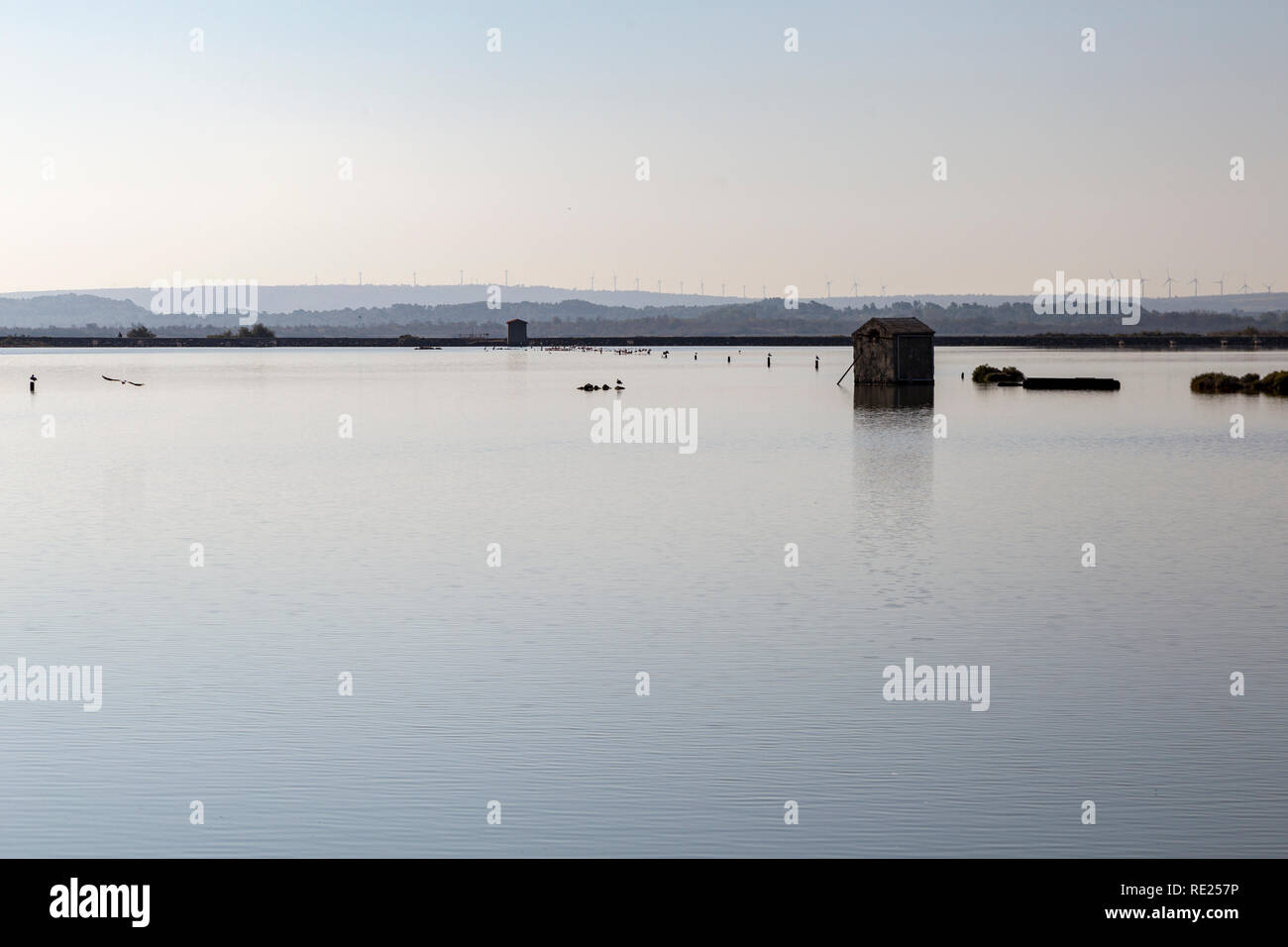 Ruhigen See am Morgen in Peyriac-de-Mer, Frankreich Stockfoto