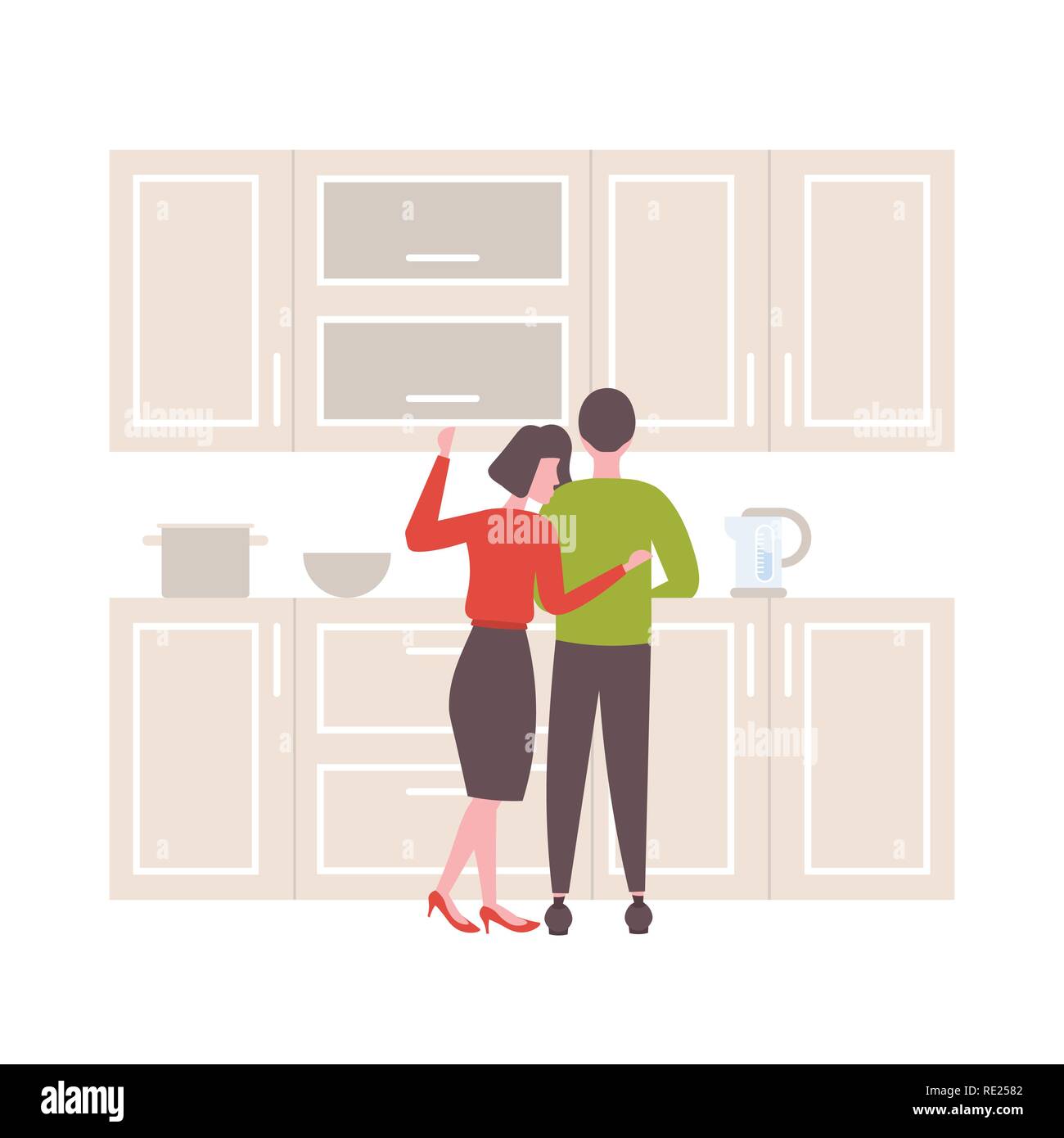 Ansicht von hinten umarmt Mann Frau Paar Liebhaber zusammen stehen moderne Küche Innenraum männlich weiblich Zeichentrickfiguren flach Stock Vektor