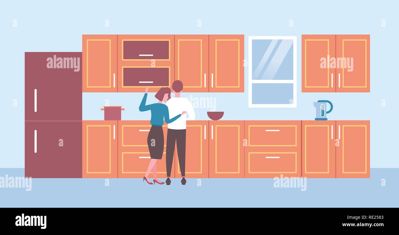 Ansicht von hinten paar Kochen umarmen Mann Frau Liebhaber zusammen stehen moderne Küche Innenraum männlich weiblich Zeichentrickfiguren horizontalen flachen Stock Vektor