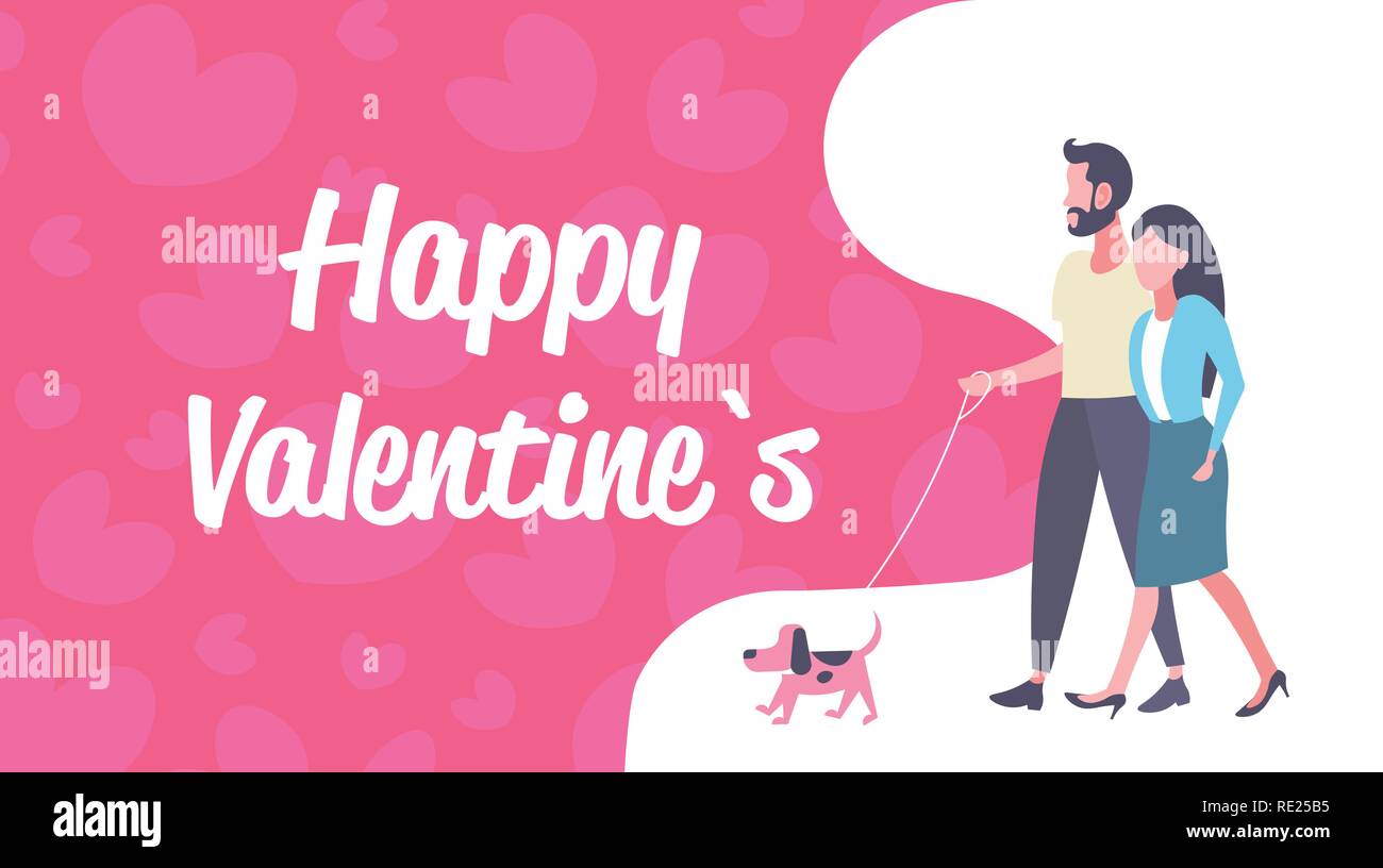 Paar mit niedlichen Hund Mann Frau happy valentines Tag Konzept Liebhaber schlendern über Herzen formen, ebenen und horizontalen Grußkarte Stock Vektor