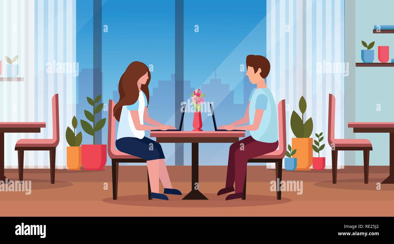 Paar am Tisch sitzt mit Laptop happy valentines Tag Konzept Mann Frau online Kommunikation moderne Restaurant innere horizontale flach Stock Vektor