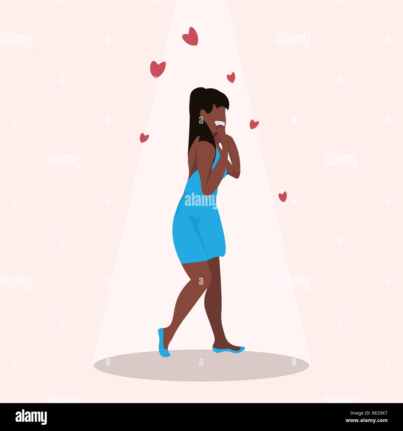 Überrascht afrikanische amerikanische Frau hält Wangen von Hand happy valentines day Feier Konzept schönes Mädchen über den roten Herzen formen flach in voller Länge Stock Vektor