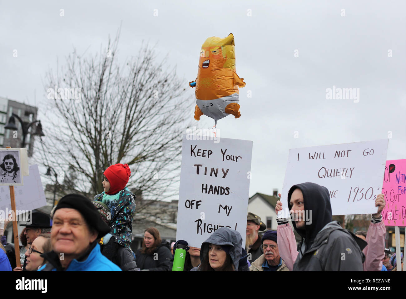 Eugene, Oregon, USA. 19. Januar, 2019. Ein Baby Trump Ballon schwebt über Demonstranten im März der Frauen in Eugene, Oregon. Credit: Gina Kelly/Alamy leben Nachrichten Stockfoto