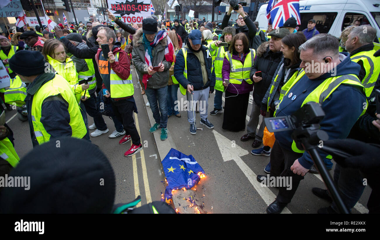 London, Großbritannien. 19. Jan 2019. Gelbe Weste protsters März um London und der Flagge der EU Quelle: George Cracknell Wright/Alamy Leben Nachrichten brennen Stockfoto