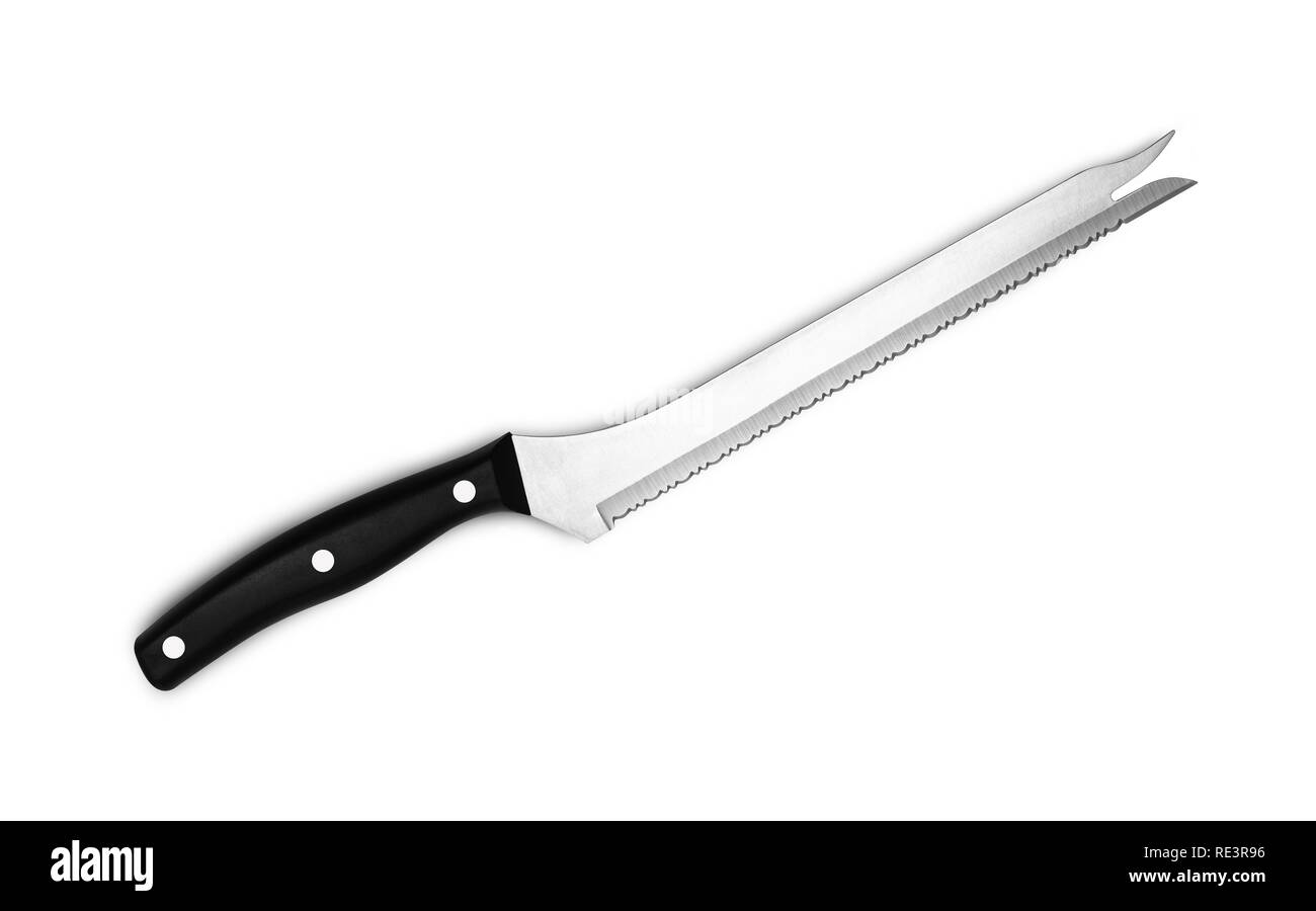 Gezahnte Messer für die Küche. Auf weissem Hintergrund. Stockfoto