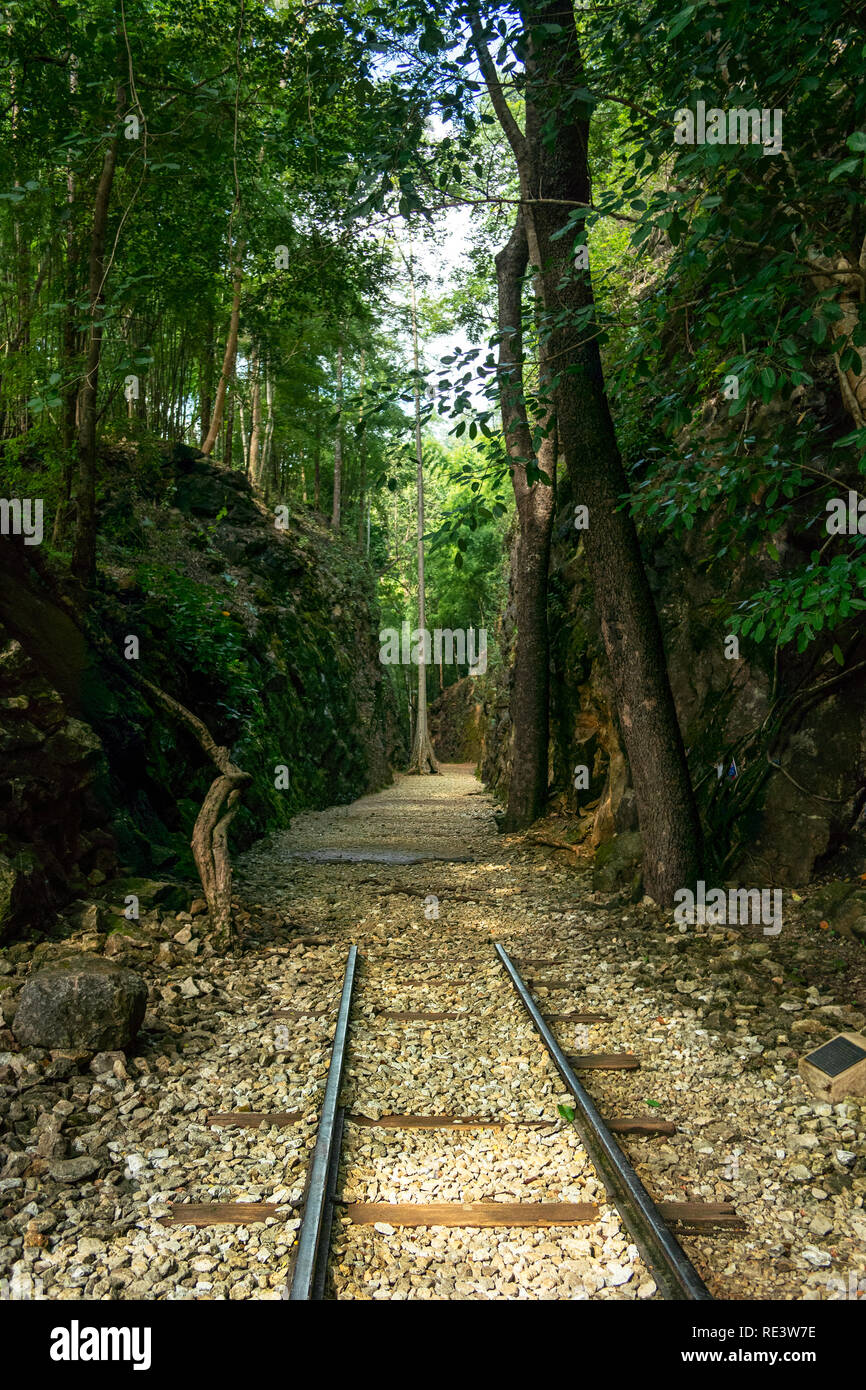 Die berüchtigten Hellfire Bearbeitungsweg Abschnitt des Todes Eisenbahn, bekannt als Thai - Birma Eisenbahn. Der Kriegsgefangenen während des Zweiten Weltkrieges gebaut. Stockfoto