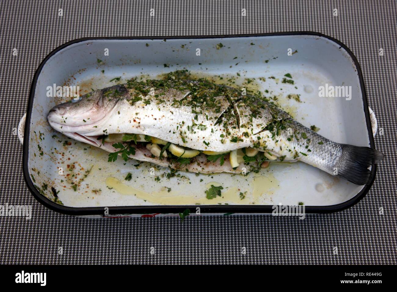 Fisch, Seebarsch, gefüllt mit Kräutern und Zitrone, zum Grillen Stockfoto