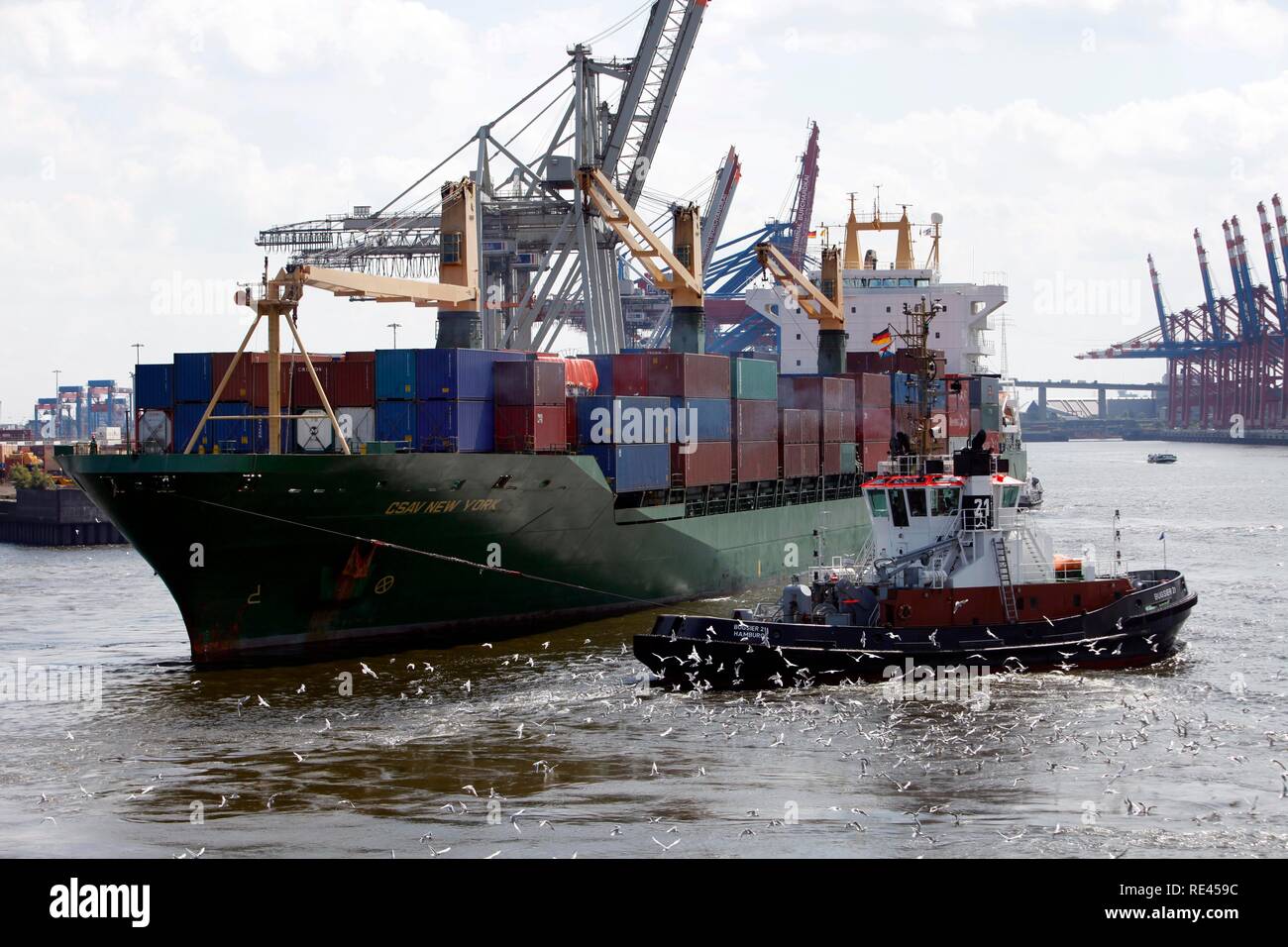 Containerschiffe im Hamburger Hafen Stockfoto
