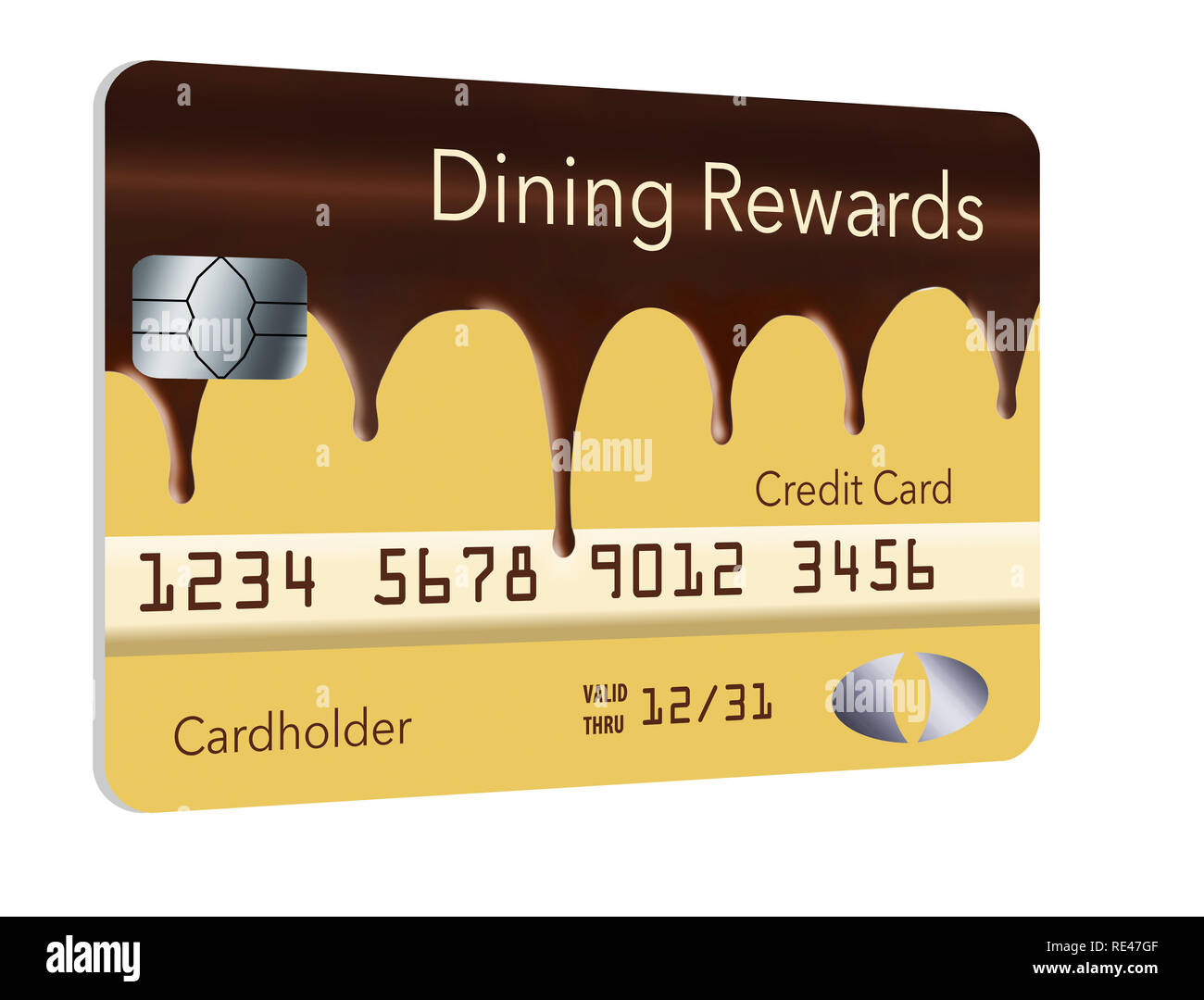 Eine Kreditkarte, die Cashback-Prämien für Restaurants anbietet, sieht aus wie ein Boston-Cremekuchen, der mit fließender Schokolade überzogen ist. Stockfoto