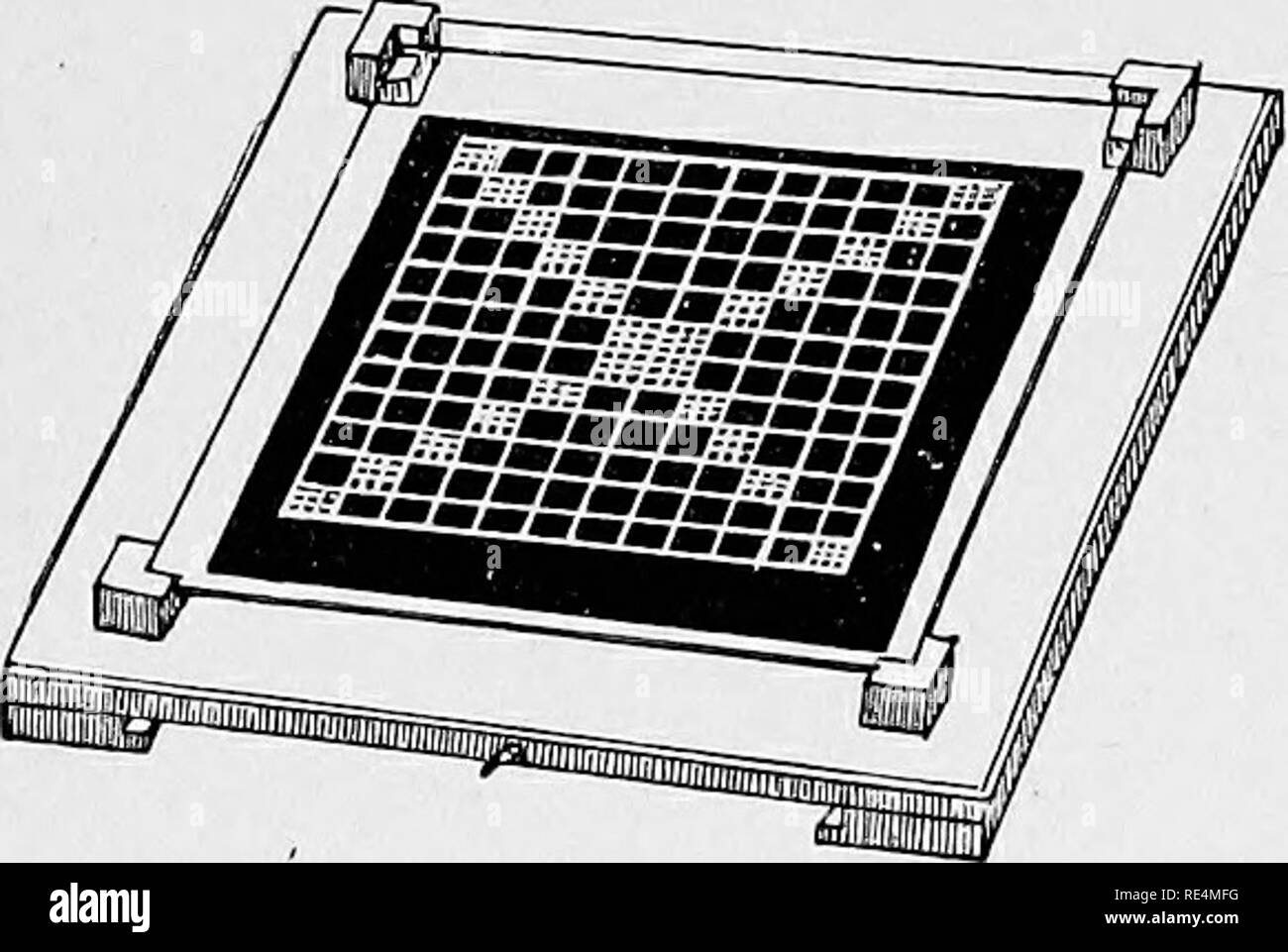 . Handbuch der Bakteriologie. Die Bakteriologie. 72 Methoden zur Kultivierung von Bakterien. Abb. 37. - Die Vorrichtung zum Auszählen von Kolonien (Wolff hiigel's). Die entwickeln, wenn sie den Betrag an ein Rohr von geeigneten Medium hinzugefügt wird, und die letzteren vergoldet und inkubiert. Eine ordentliche Platte sollte in einem solchen Fall verwendet werden, und die Mittel, die in die rechteckige Form gegossen, wie möglich. Für das Zählen, einer Vorrichtung wie in Abb. 1 gezeigt ist. 37 eingesetzt. Diese besteht aus einer Glasplatte in Quadrate angeordnet, wie angegeben, und an den Ecken auf Holzblöcken unterstützt. Die Relation an, an die diese Bausteine angeschlossen werden, hat eine Stockfoto